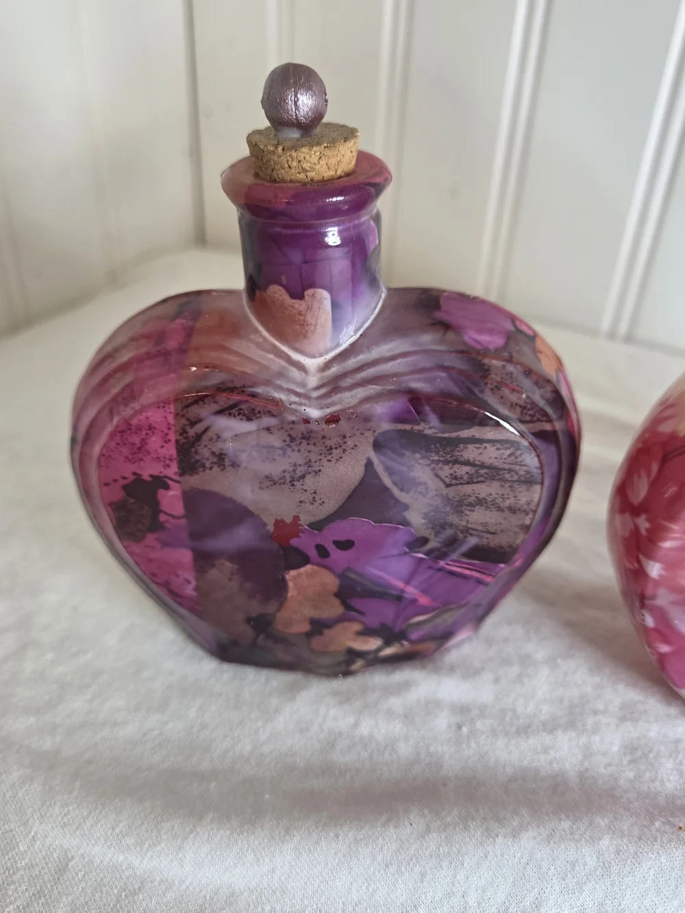 Pink Floral And Heart Glass Accent Bottle with Cork Stopper